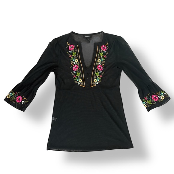 Express Embroidered Mesh Flutter Sleeve Blouse - Picture 1 of 10